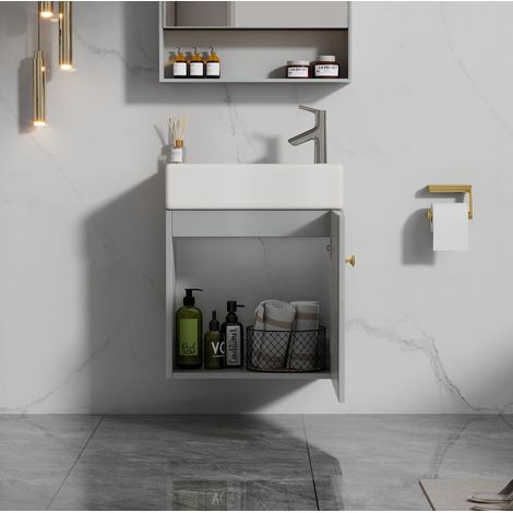 Mobile lavabo sospeso 46x26x56 cm in MDF grigio e bianco salvaspazio – MEUBLIV (1/5)