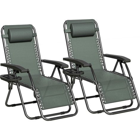 Set of 2 Zero Gravity Reclining Folding Outdoor & Garden Chairs with Textilene Fabric, Cup Holder and Headrest Pillow BLACK FRAME & GREEN TEXTILENE (1/5)