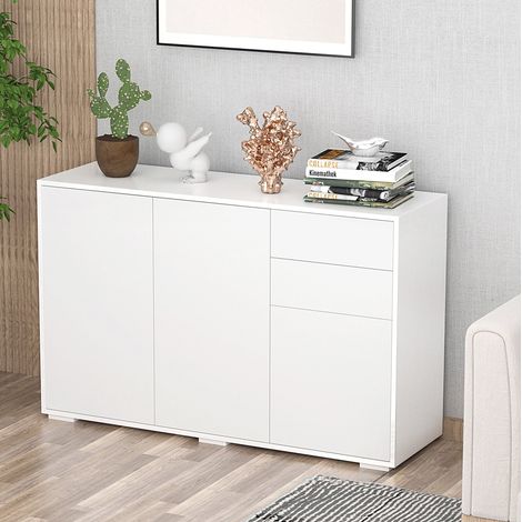 Aparador 117x36x74 cm, 2 cajones y 3 puertas, estantes ajustables, mecanismo de presión, MDF blanco
