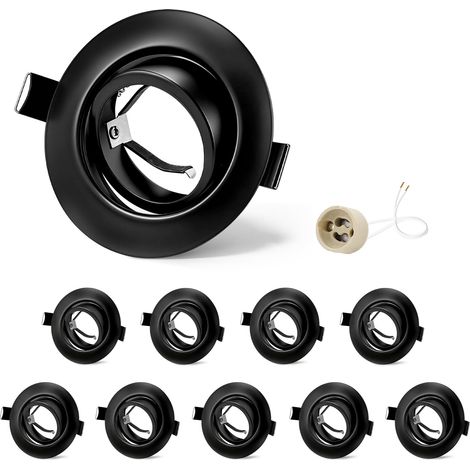 10x Spots Encastrables GU10 Cadre Noir, Orientable 45°, Cadre Métal Ø84mm Plat, Découpe 68-75mm, Douille Céramique GU10 230V, Spot Rond Sans Ampoule (1/5)