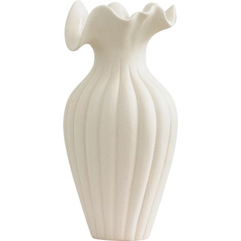 Vase en céramique mate blanc cassé – Vase à nervures verticales et bord ondulé, motif feuille de lotus – Accessoire de décoration luxueux de style scandinave – 11,8 x 10,1 x 23,3 cm (1/5)