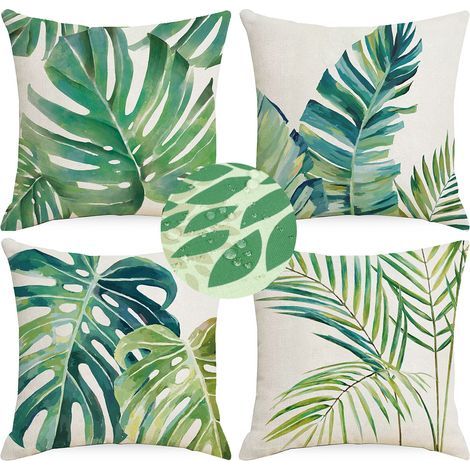 Funda de cojín con diseño de hojas tropicales de 45 x 45 cm, color verde, de poliéster y lino. Funda decorativa para sofá, jardín, exteriores, primavera y verano. 4 piezas. (1/4)