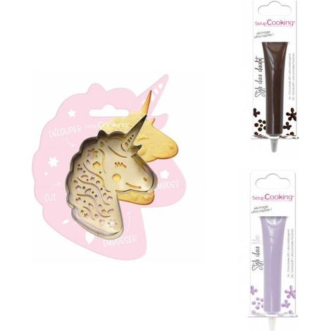 Kit pour biscuit en relief Licorne + 2 Stylos au chocolat marron et lilas