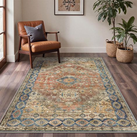 Tapis Salon Vintage 120x170cm Lavable en Machine Rug AntidéRapant Poil Ras, pour Chambre Salle a Manger Descente de Lit Bureau, Cuisine, Terracotta (1/5)
