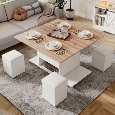 "title":"Table basse relevable 100 x 50 x 48 cm, rangement, convertible bureau-repas, 4 tabourets, blanc aspect bois" (1/5)