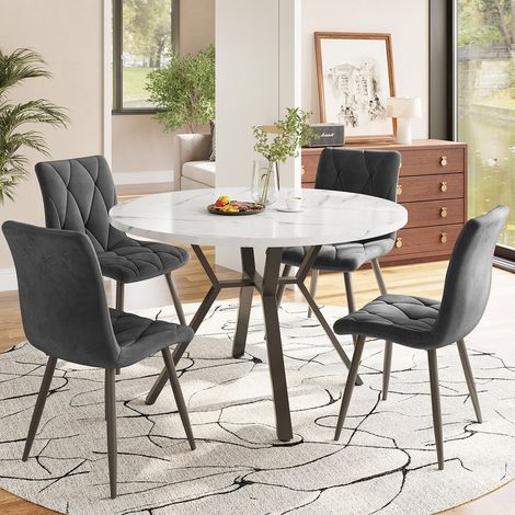 Table à manger avec chaises 5 pièces,ensemble table à manger ronde en marbre en métal noir et 4 chaises ergonomiques en gris velours (1/5)