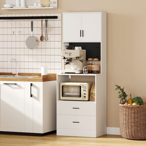 Mobiletto da cucina ausiliario con supporto per microonde, 2 cassetti, 2 ante e pannello in metallo perforato, bianco.
