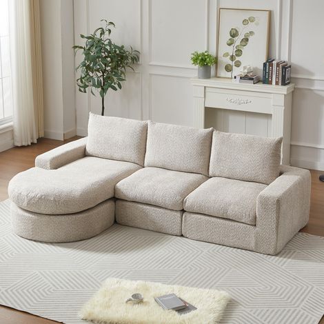Modulares 3-Sitzer-Ecksofa – 251 x 160 x 81 cm – Wendbare Chaiselongue – Komprimierter Schaumstoff – Weicher Komfort – Beige Chenille (1/5)
