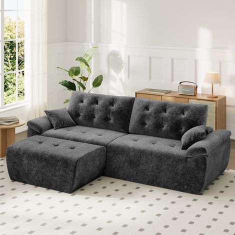 Divano modulare in ciniglia grigia con imbottitura in schiuma ad alta densità e pouf, 275 cm,divano da soggiorno in comodo stile nuvola,ripiegabile senza montaggio (1/5)