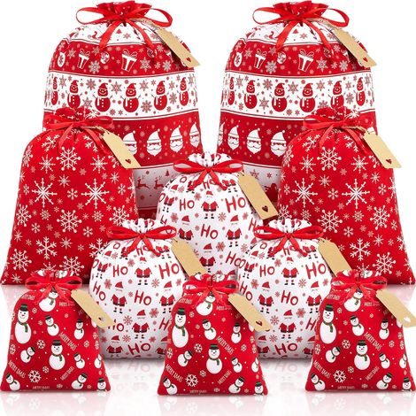 Lot de 10 sacs cadeaux de Noël à cordon avec étiquettes, rouges et blancs, tailles assorties (grand, moyen, petit), sacs en tissu pour emballage de présents, décorations de fête et goodies. (1/5)