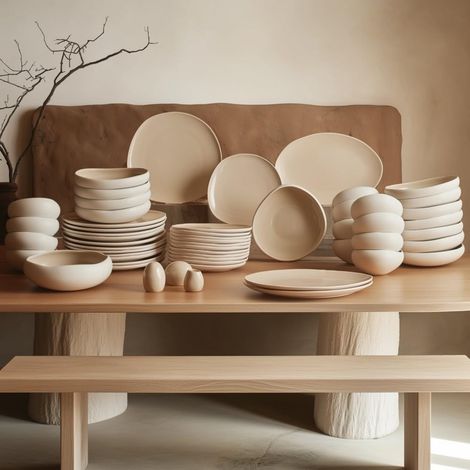 Assiettes Service de Table 12 Personnes de 55 pièces, Résistant au lave-vaisselle et au congélateur, Ensemble Vaisselle en Gres, Earth Collection, Crème (1/5)