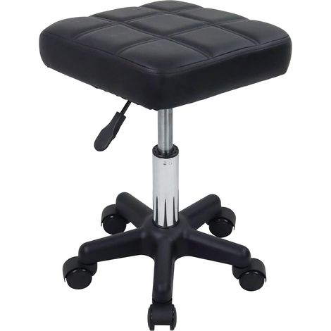 Tabouret Roulant Carré avec roulettes Chaise Pivotant pour Salon Massage Spa Noir en PU Cuir Hauteur Réglable (1/5)