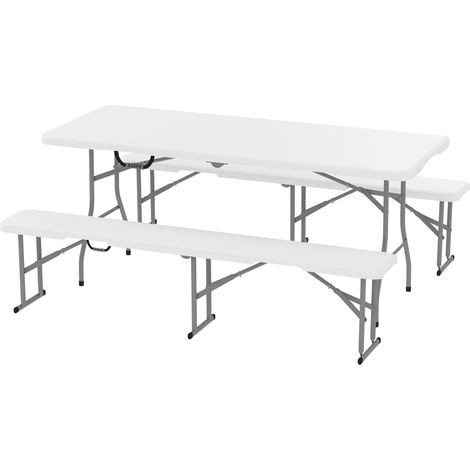 3-teiliges, klappbares Picknickset mit Tisch und 2 Bänken aus HDPE und Metall, Weiß und Hellgrau