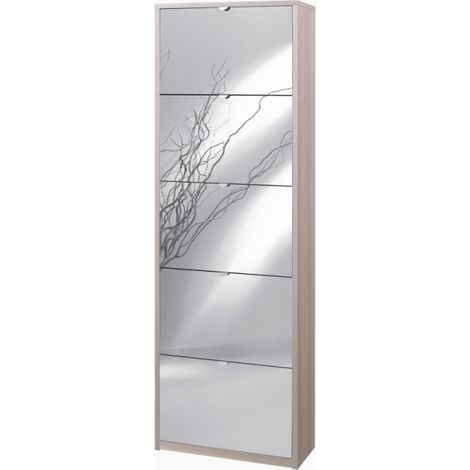 Platzsparender schmaler Schuhschrank mit fünf Spiegeltüren Ulme hell 63x29x H190 cm