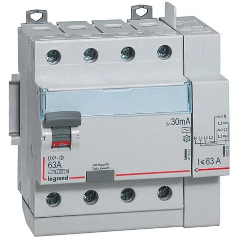 Interrupteur différentiel DX³-ID arrivée haut à vis et départ haut automatique - 4P 400V 40A typeAC 30mA - 5 modules - LEGRAND