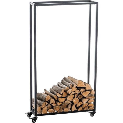 Range-bûches étagère support bois de cheminée sur roulettes 150x60x25 cm en métal noir 100003531 (1/5)