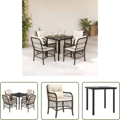 Gartenessgruppe - 5-tlg. Garten-Essgruppe mit Kissen Braun Poly Rattan (1/5)