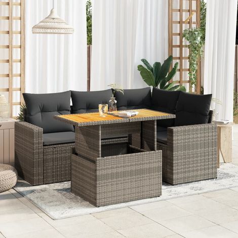 Sedute da esterno - Set Divano da Giardino 5 pz con Cuscini Grigio in Polyrattan (1/5)