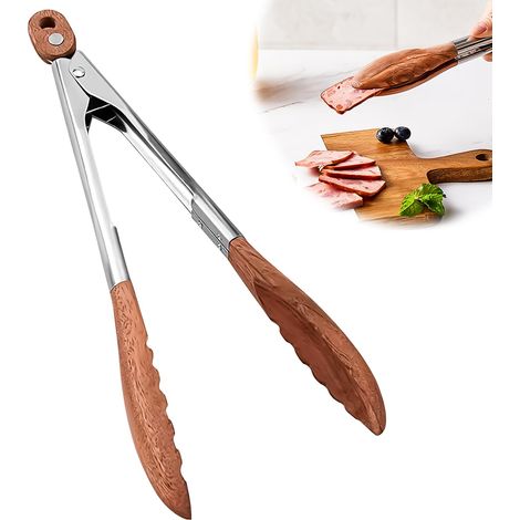 Pince de cuisine avec embouts en bois de qualité supérieure, en bois et en acier inoxydable, idéale pour barbecue, salade, grille-pain, pain et concombres, en bois de noyer naturel (1/5)