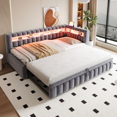 Canapé-lit banquette extensible 90x200 cm avec LED, USB Type-C, rangement, sommier à lattes, velours - gris (1/5)