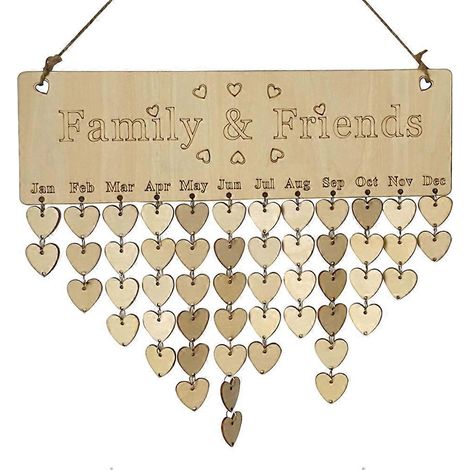 Plaque en bois avec calendrier suspendu, cadeau de rappel d'anniversaire pour la famille et les amis (1 plaque + 1 corde + 50 accessoires en forme de cœur)
