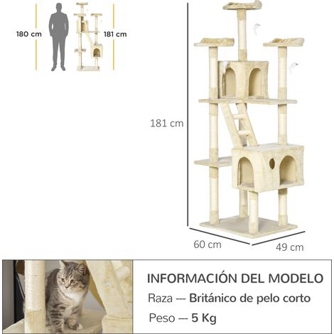 Arbre à chat géant avec griffoir (60 x 50 x 181 cm). plateformes multiples. échelles. niches. jouets et centre d'activités. Couleur : beige. (1/5)
