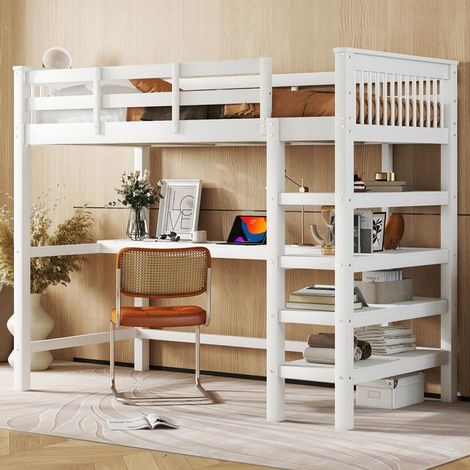 Lit mezzanine - SINGULARITY - 90x200 - Avec bureau et rangements - Bois pin massif - Blanc (1/5)