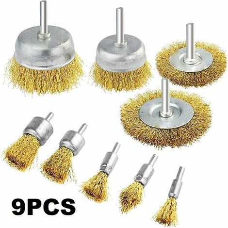 9 PCS Ensemble de mèches de fixation pour perceuse à brosse pour roue de nettoyage de fil revêtu de laiton (1/4)
