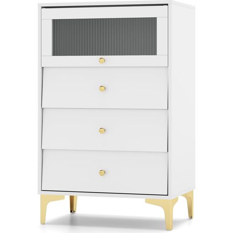 COSTWAY 3 Drawer Dresser Modern Storage Cabinet w/ Flip Up Fluted Glass Door (1/5)