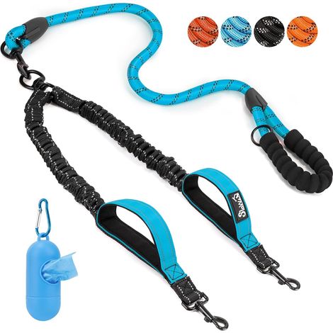 2 laisse double pour chien, poignées rembourrées, élastique absorbant les chocs, boucle pivotante 360°, bandes réfléchissantes, grands chiens