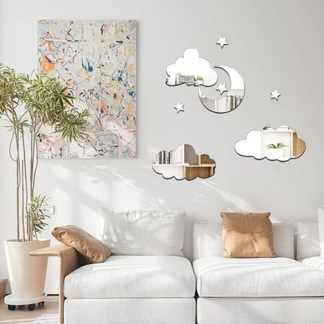 8pcs Miroir Stickers Muraux Miroirs Décoratif Acrylique Adhésif Autocollant Mural Amovible DIY Décoration pour Maison Chambre Salon Décor- Nuages Lune Argent (1/5)