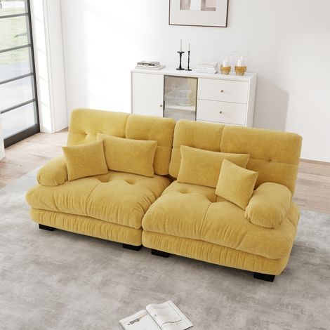 Canapé Cloud Corner pour le salon,canapé double en chenille avec 2 coussins lombaires et 2 coussins décoratifs,cadre en bois massif,jaune (1/5)