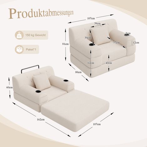 Canapé-lit 1 place en velours côtelé compressé, dossier haut, structure métallique, mousse haute densité, 2 porte-gobelets et 4 poches latérales, idéal pour les salons et les petits espaces, beige (1/5)