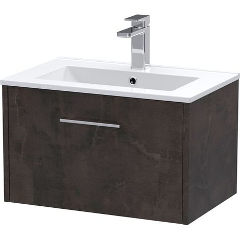 Winshill Contemporary 1 Drawer Wall Hung Vanity Unit with Minimalist Basin, Metallic Slate, 600mm