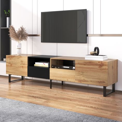 Meuble téléviseur design bois foncé et noir – vaste espace de stockage, structure solide