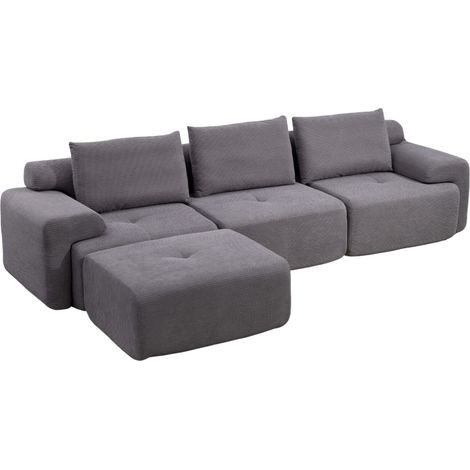 Sofá de Esquina Modular 305 cm con Taburete Desplazable, Asiento Profundo 63 cm, Tejido de Canalé, Gris Oscuro (1/5)