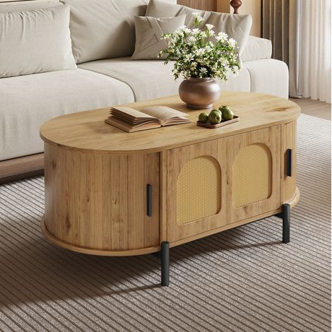 Ovale Couchtisch mit Schiebetüren und Rattantür, natur, 100x50x40 cm (1/5)