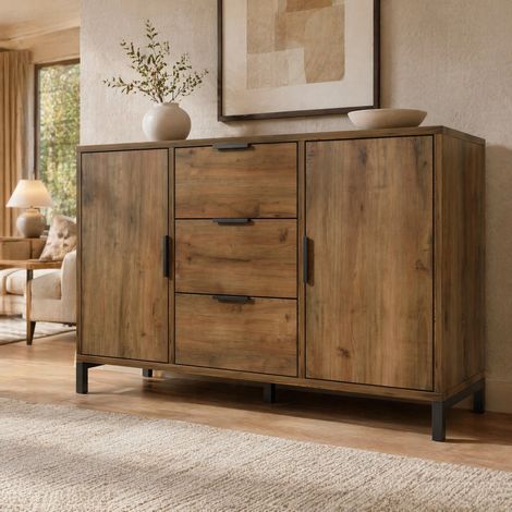 Sideboard mit 2 Türen und 3 Schubladen, 120 x 40 x 76 cm, Spanplatte, dunkle Eiche, REDOM (1/5)