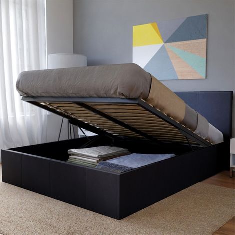 Le Quai Des Affaires – Lit coffre 140x190 BARCELONA – Structure métallique – Revêtement cuir PU noir – Sommier 2x13 lattes multiplis – Hauteur 88 cm
