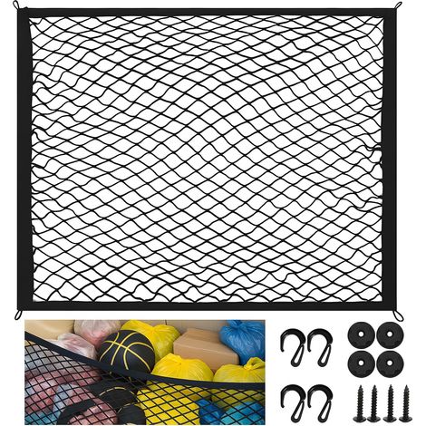 80 x 60cm Filet Coffre Voiture avec 4 Crochets Solides, Filet Rangement Camping Car, Peut Être Étendu Jusqu'À 160x120cm, Organisateur Fixe Bagages Extensible Élastique pour Voitures Plupart (Noir) (1/5)