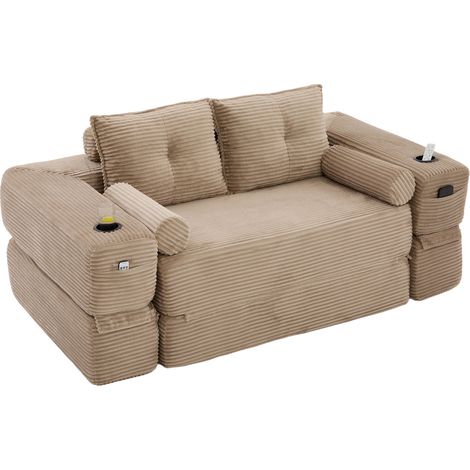 Sofá cama plegable de 2 plazas en pana, con cojines viscoelásticos, bolsillos y portavasos (1/5)
