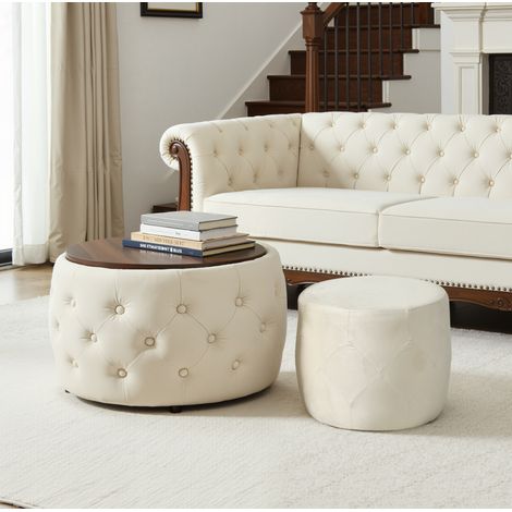 Set di 2 pouf contenitori rotondi impilabili in velluto con vassoio in legno, 4 in 1, beige, OKWISH (1/5)