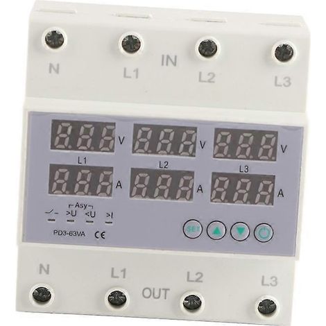 Voltmètre/ampèremètre triphasé sur rail DIN avec protection automatique contre les surtensions et les surintensités, 390–500 V CA, 40 A