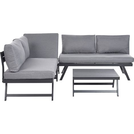 Beliani – Salon de jardin modulable 5 places en aluminium gris – Coussins épais en polyester – Dossier réglable en 5 positions – Table basse 65x65cm