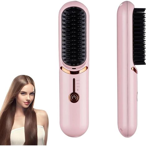 Heated Comb, Cordless Straightening Brush, Portable and Convenient for Travel, USB Rechargeable, 5400mAh, Negative Ion, Heated, for Women and Men (Pink)