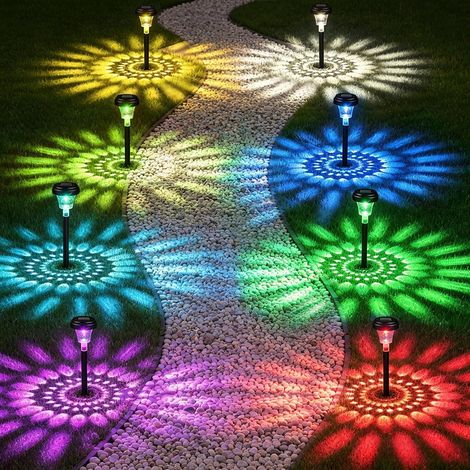 Lot de 8 Lampes Solaires Extérieur Jardin, 7 Couleurs RVB & Lumière Blanche Chaude, IP65 Étanche Lumière Solaire Multicolore pour Chemin Terrasse Allée, Eclairage Jardin Extérieur (1/5)