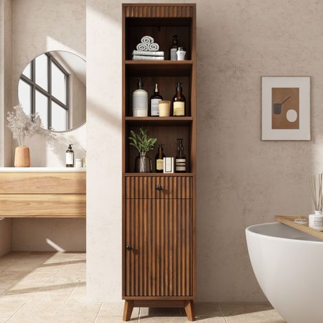 Armoire de salle de bain sur pied de 172 cm de haut, rangement, porte réversible, tiroir, soft-close, MDF, noyer, 40x36x172cm (1/5)