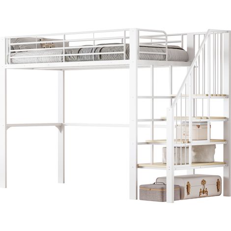 Letto a Soppalco Letto Singolo con Spazio Sottoletto e Scala 90 × 200 cm, senza Materasso, Bianco (1/5)