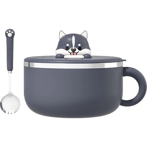 Bol à soupe - Bol à nouilles de 1200 ml avec couvercle et cuillère - Bol à ramen en acier inoxydable avec poignée et joint en silicone - Gris (1/5)
