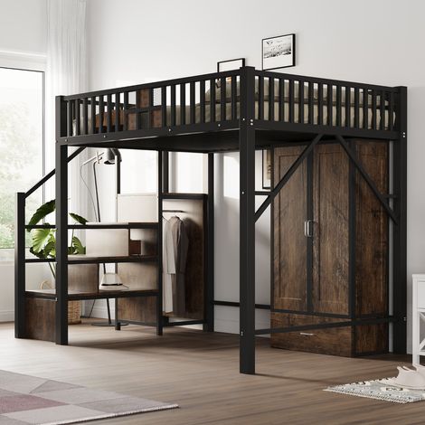 Lit mezzanine 140 x 200cm en métal et bois noir avec garde-corps, armoire intégrée, tiroirs et échelle de rangement (1/5)